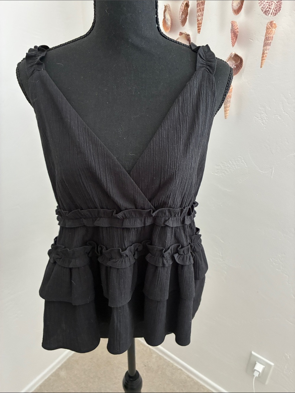 Black Ruffled Peplum V-Neck Tank Top